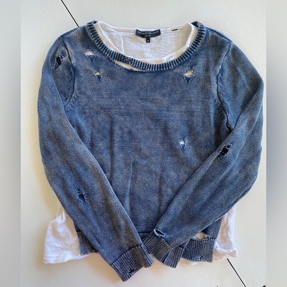 Generation Love Blue Distressed Sweater w/ White Undershirt (attached) Size XS